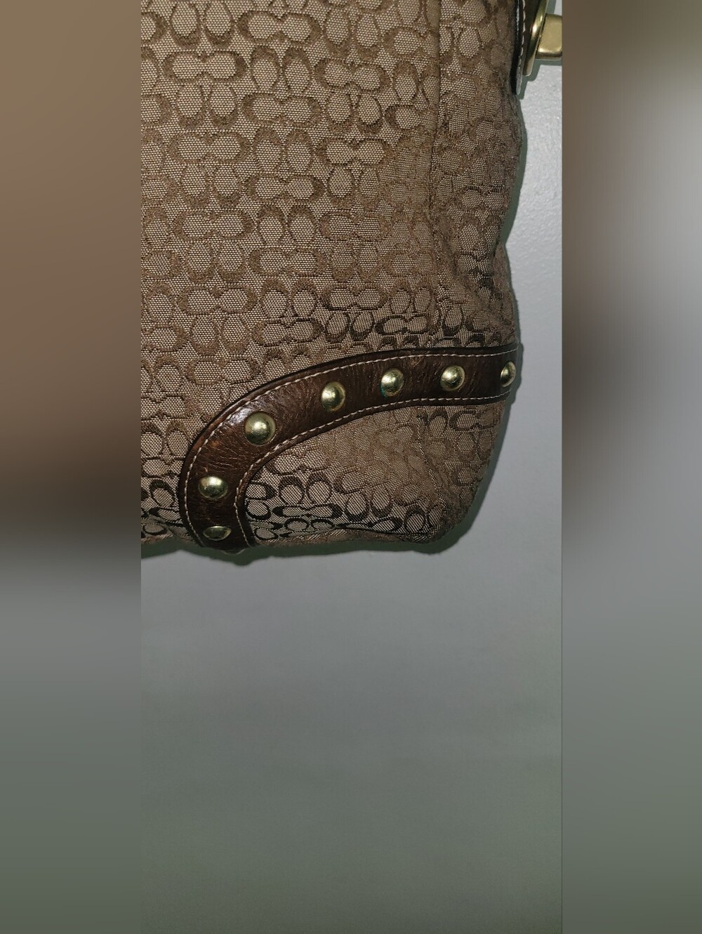 Coach Soho Khaki Signature C Studded Leather Lg Gallery Tote Bag Purse Rare - Picture 4 of 16
